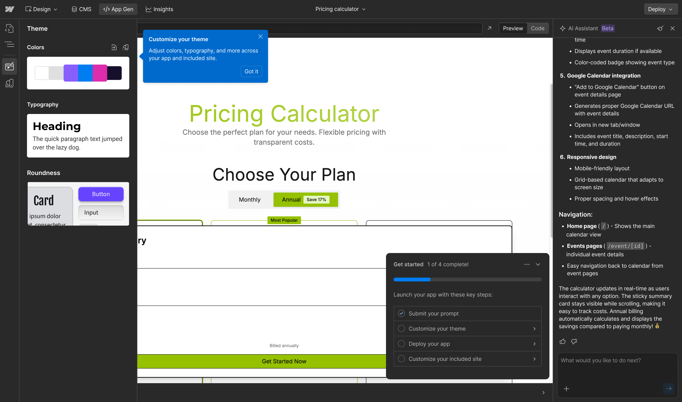 App Gen interface with a 'Customize your theme' tooltip explaining that users can adjust colors, typography, and more across their app and site