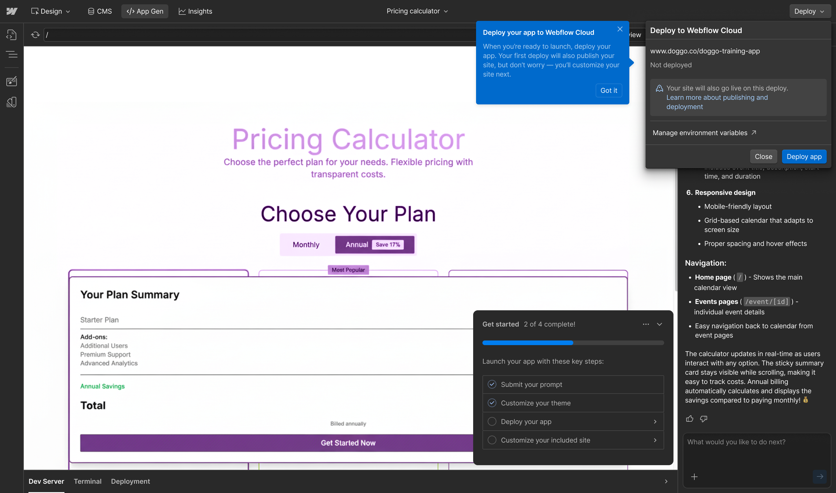 App Gen deploy tooltip read 'When you're ready to launch, deploy your app. Your first deploy will also publish your site, but don't worry — you'll customize your site next.'