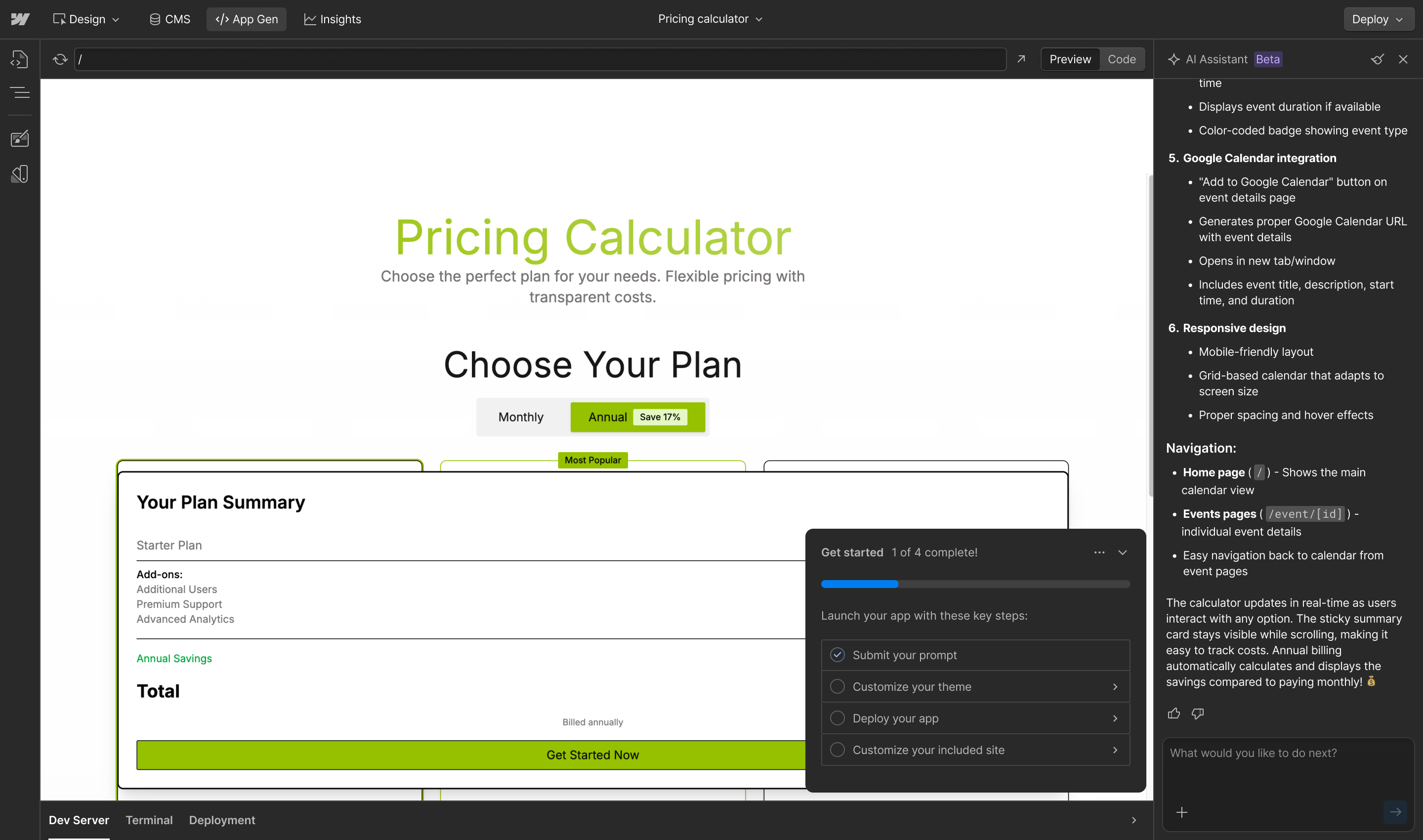 App Gen FTUX checklist with 4 items: 'Submit your prompt' (complete), 'Customize your theme', 'Deploy your app', and 'Customize your included site'