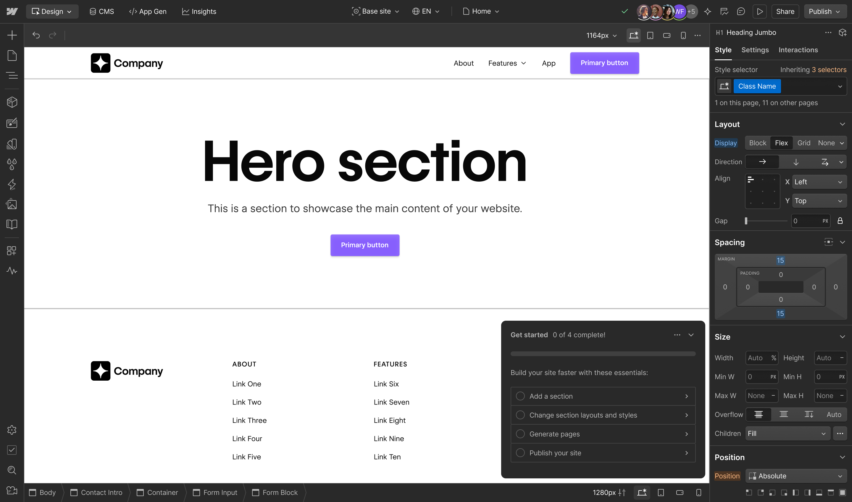 The second FTUX checklist for the companion site had four steps: 'Add a section', 'Change section layouts and styles', 'Generate pages', and 'Publish your site'