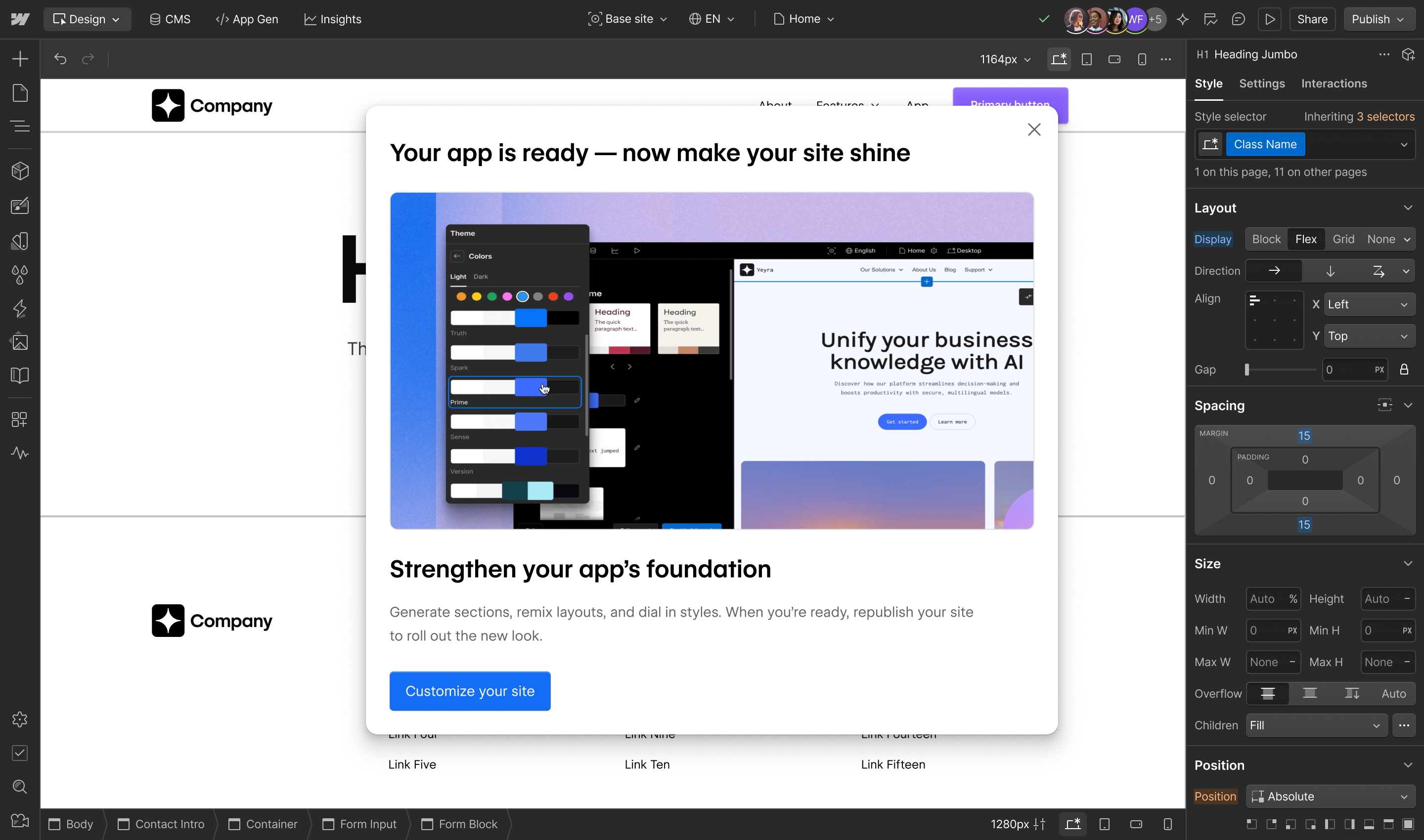 Site welcome modal titled 'Your app is ready — now make your site shine' with subheading 'Strengthen your app's foundation'