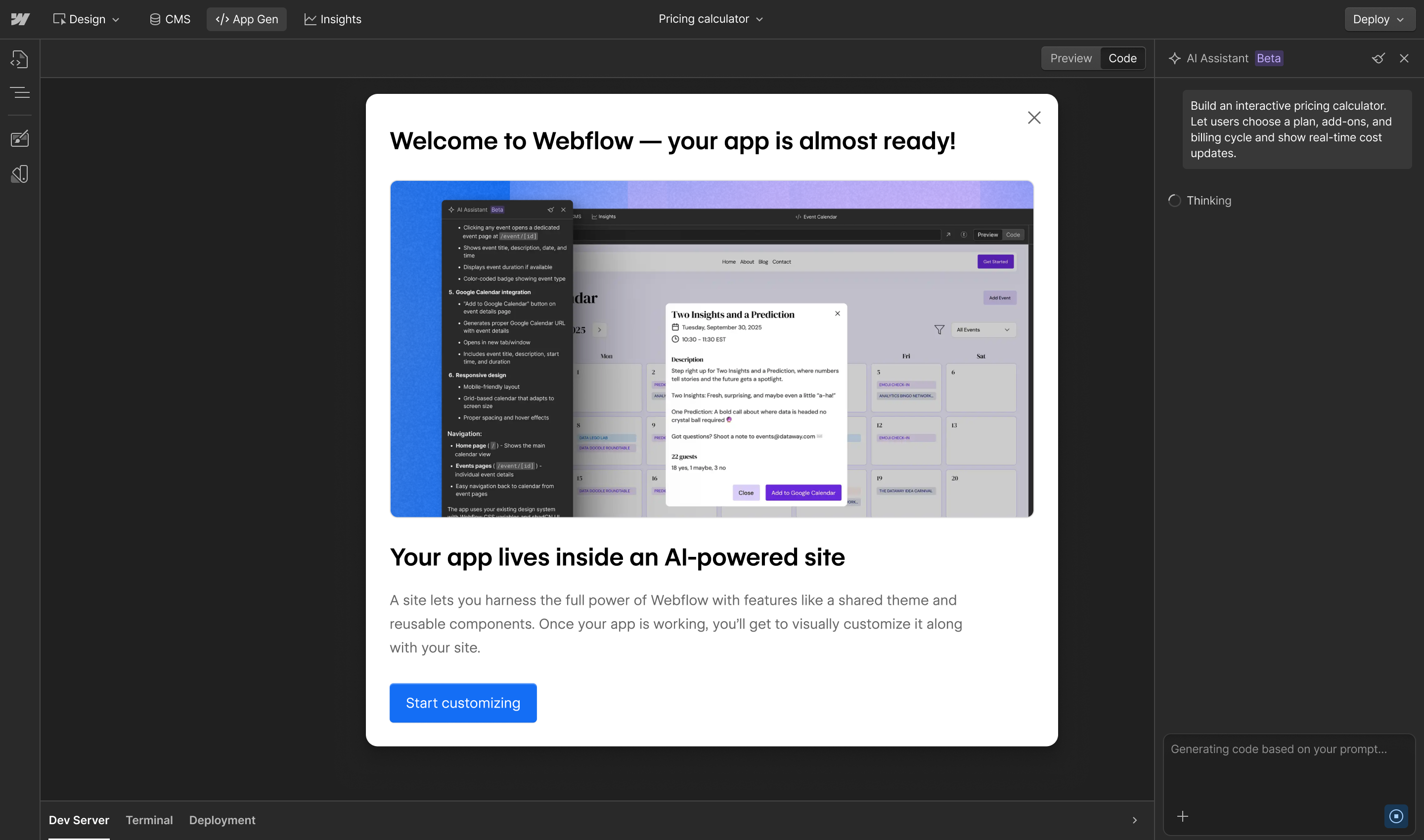 App Gen welcome modal titled 'Welcome to Webflow — your app is almost ready!' with subheading 'Your app lives inside an AI-powered site'