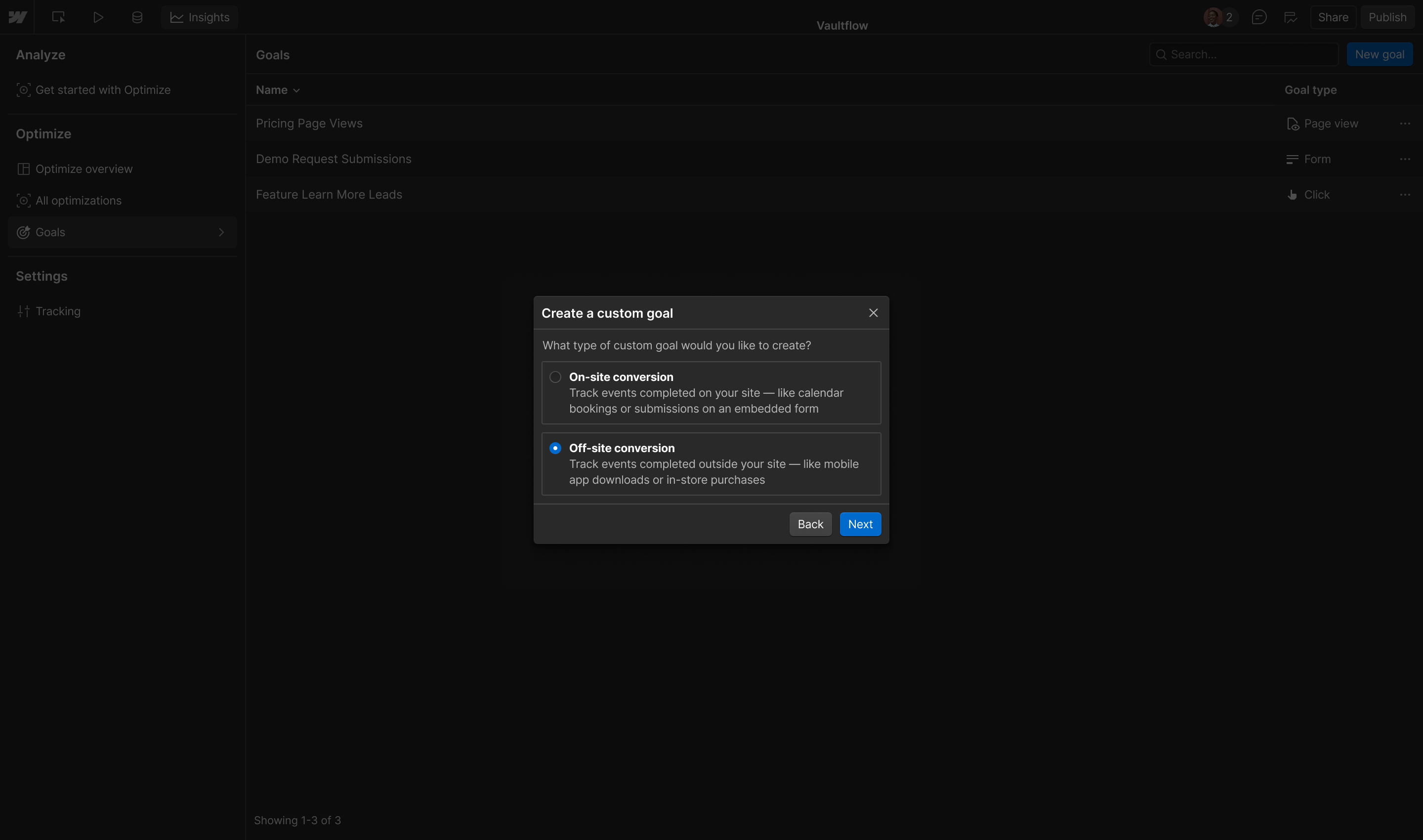 The custom goal creation modal offers a choice between On-site conversion and Off-site conversion.
