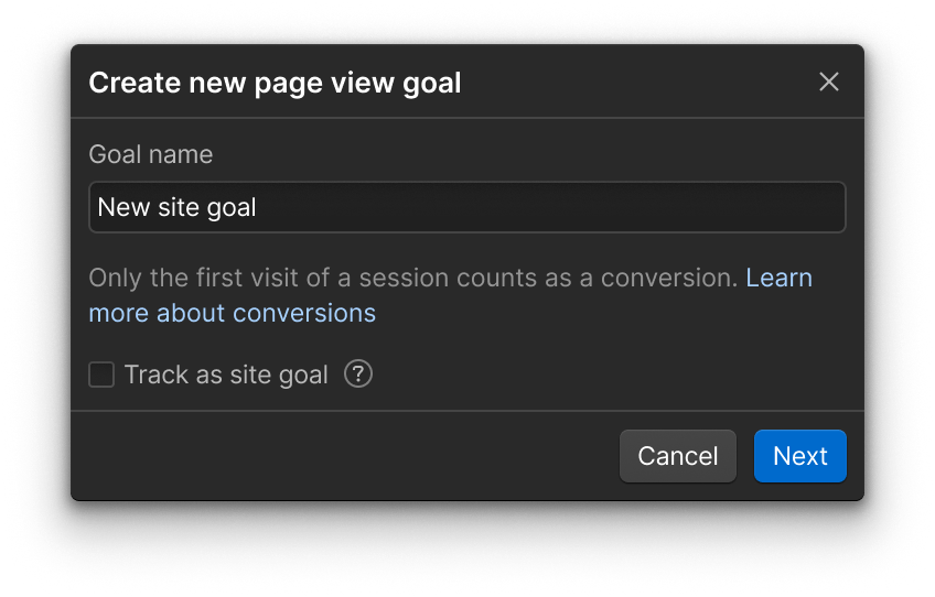 Goal creation modal with a 'Track as site goal' checkbox and help tooltip.