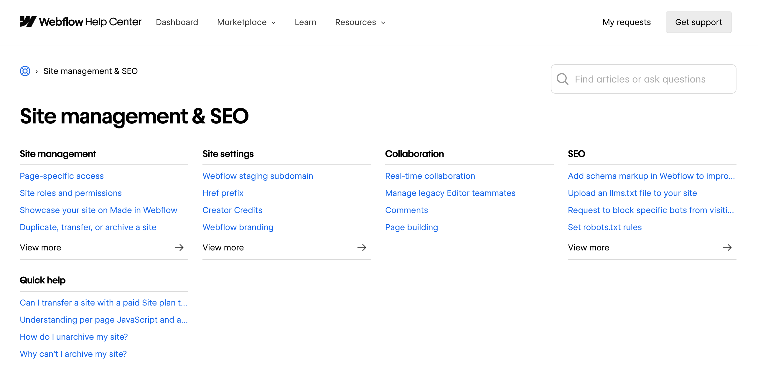 The 'Site management & SEO' Help Center category page, showing subsections for Site management, Site settings, Collaboration, and SEO.